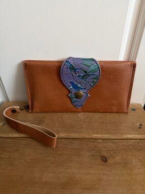 Brown Leather Wallet Passport Holder Wristlet Birds